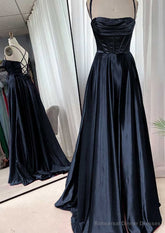 A-line Square Neckline Spaghetti Straps Sweep Train Charmeuse Prom Dresses With Pleated